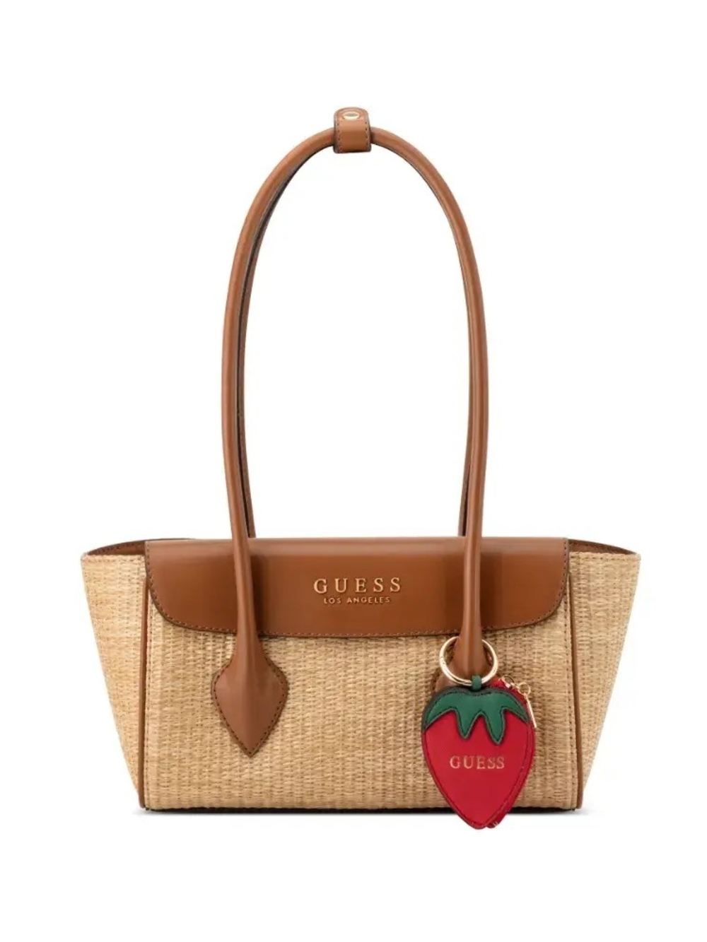 GUESS Tan Straw Tote with Red & Green Strawberry Charm
